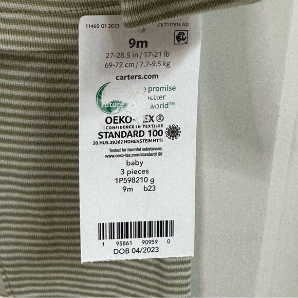 New- Carter’s 3 Piece Green Striped 100% Cotton Layette Set Size 9 Months - Picture 8 of 8